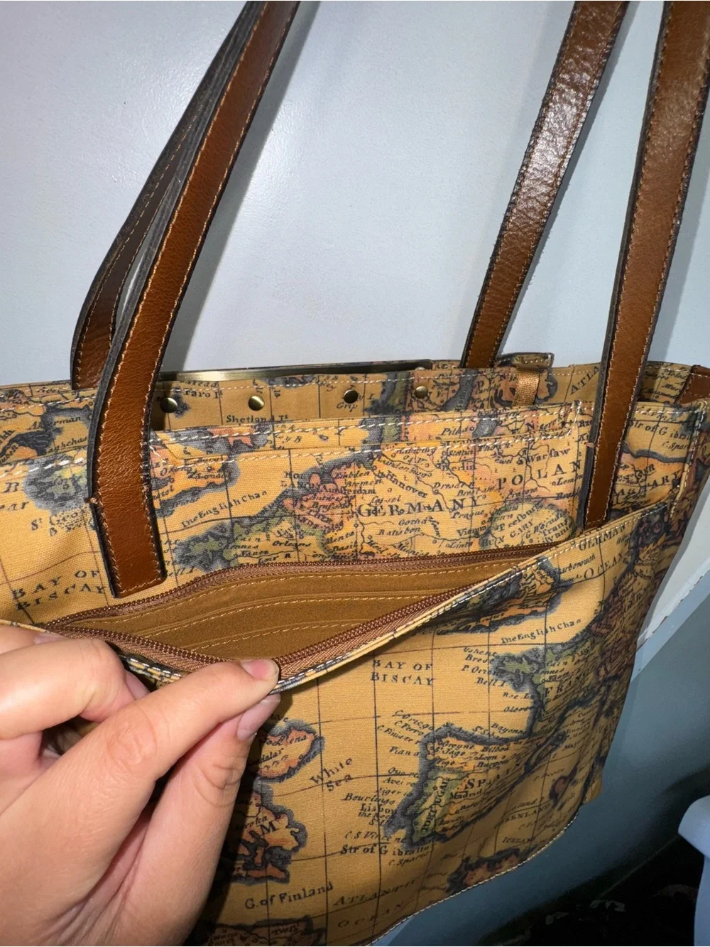 Patricia Nash Map-Print Tote in Tan and Brown with Gold Accent